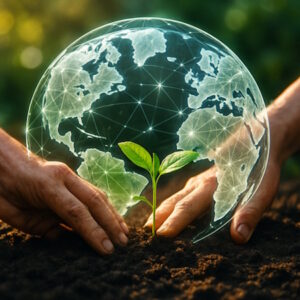 Hands planting a small seedling in soil with a transparent digital globe network overlay, indicating growth and global connection.
