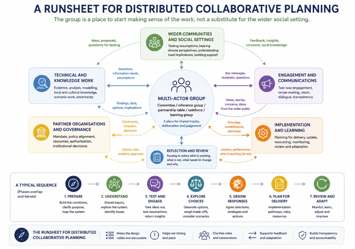 Diagram of a multi-actor group within a wider distributed collaborative planning process, connected to communities, knowledge work, engagement, governance, implementation, learning and review over time.